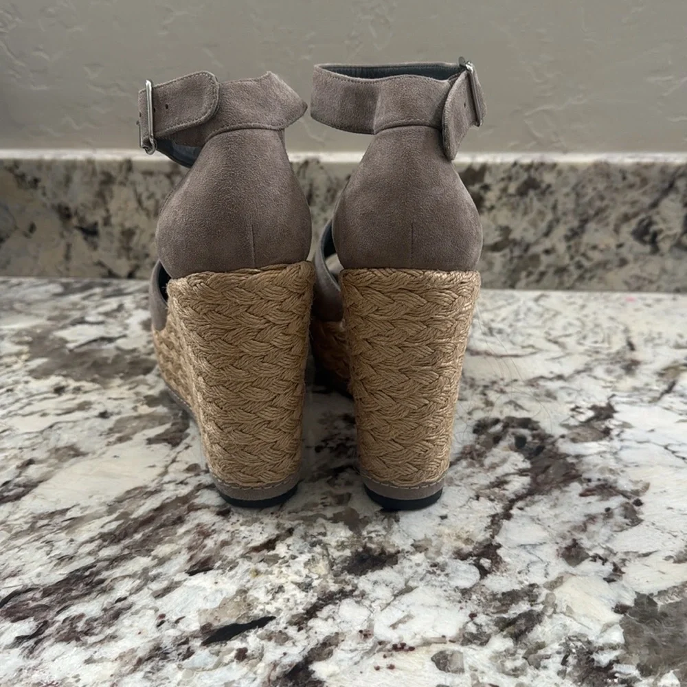 Stuart Weitzman Suede Gray Ankle-Strap Espadrille Wedge Sandals, 8.5